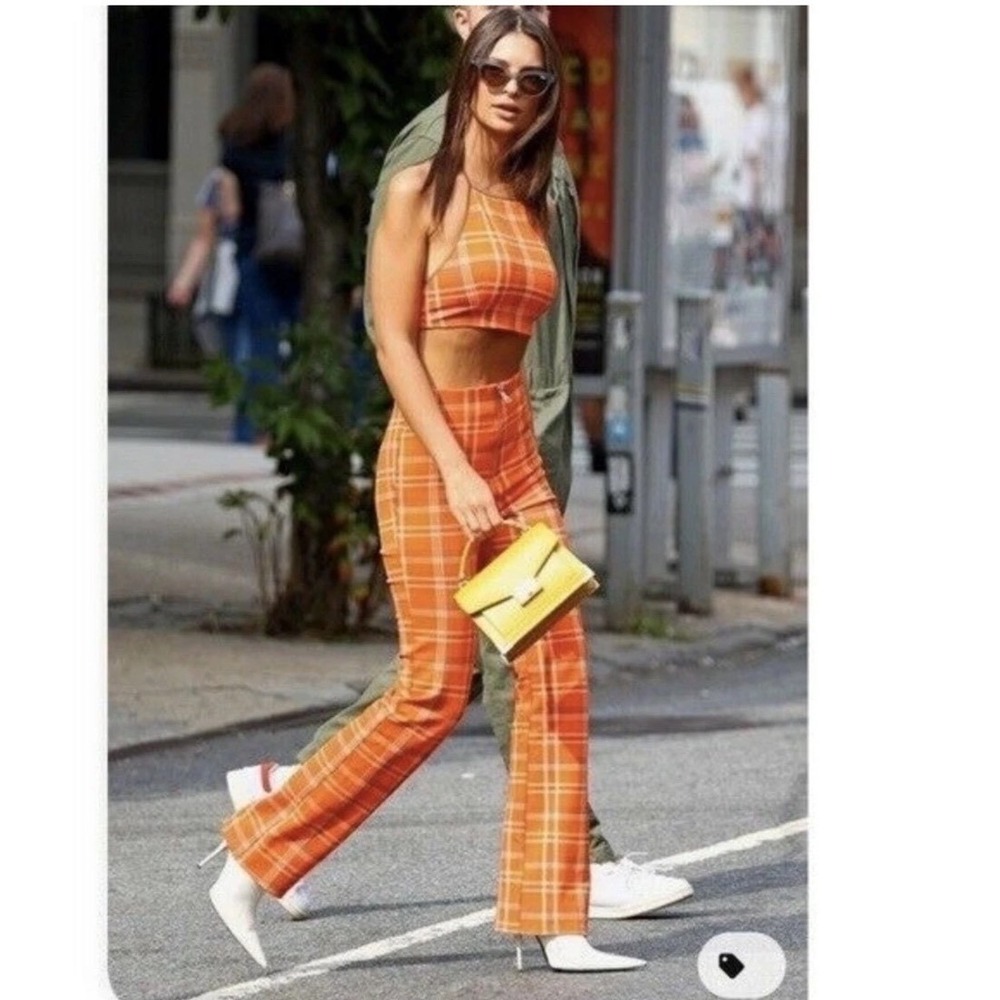 I.AM.GIA Orange Polaris Plaid High Waisted Flare Pants Exposed Zip Slim Fit S - Picture 2 of 15